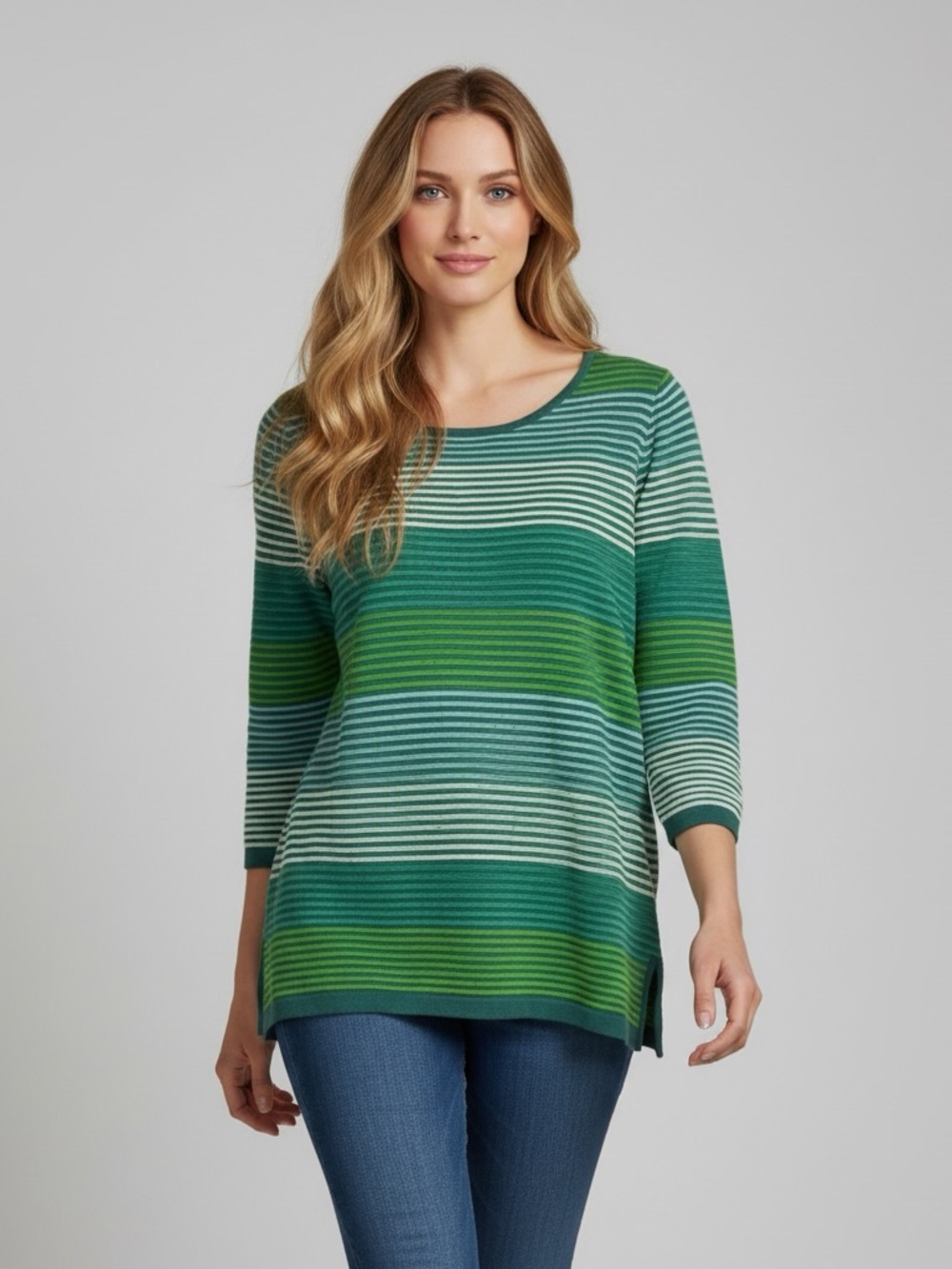 Mansted Cotton Lightweight  Green Striped Scoop-Neck Tunic Sweater Size Medium